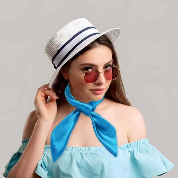 Women's Sky Blue Silk Feeling Scarf 23.6'' Square Satin Scarf Neck Head Bandana - Picture 2 of 7